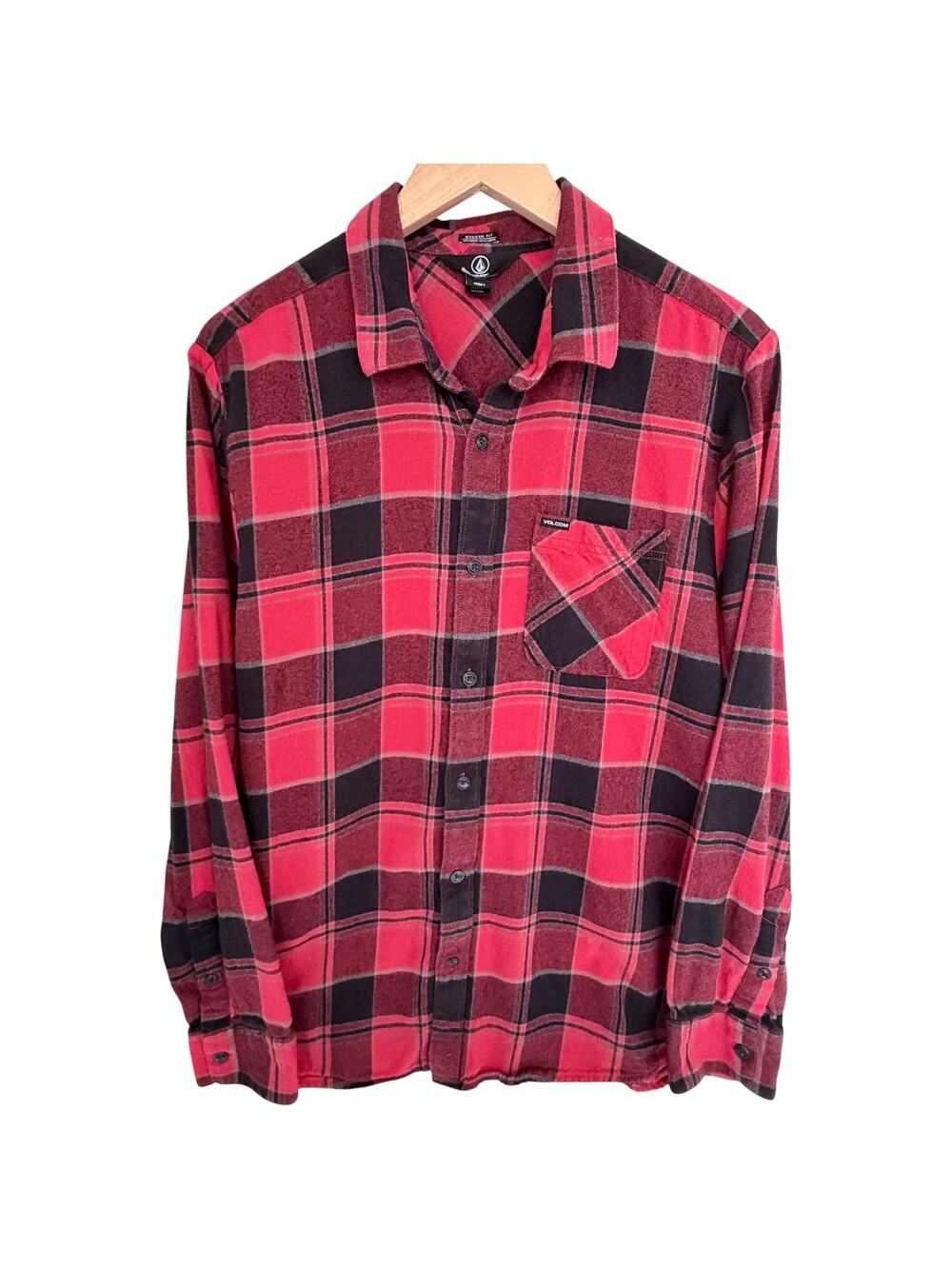 Volcom Plaid Flannel Shirt Mens Large Red Black Modern Fit Button Up